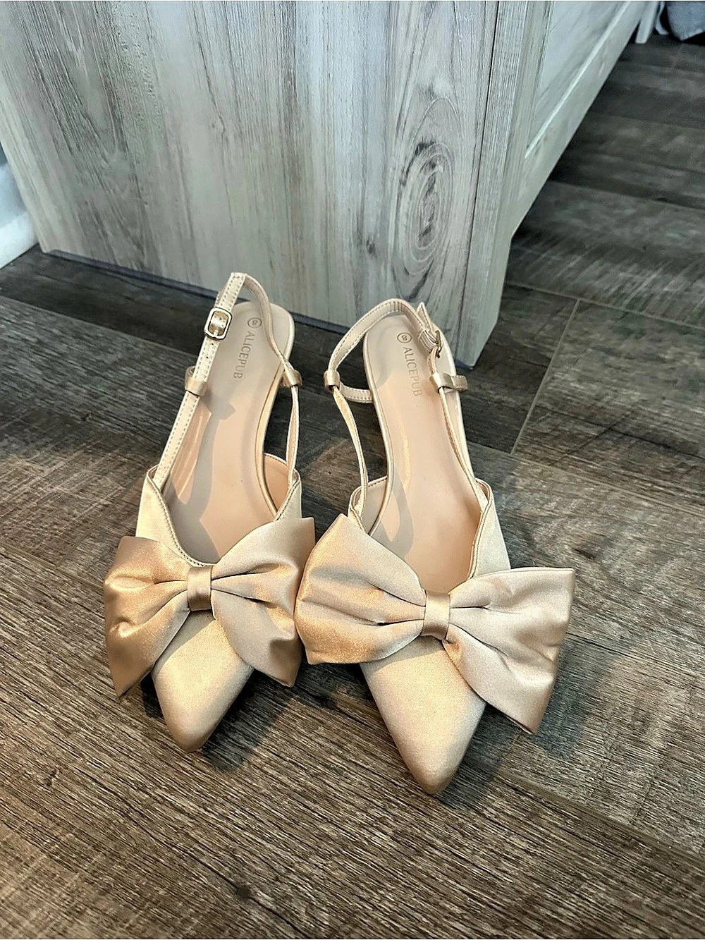 ALICEPUB Satin Bow Kitten Heel Slingback Pumps Beige US 8